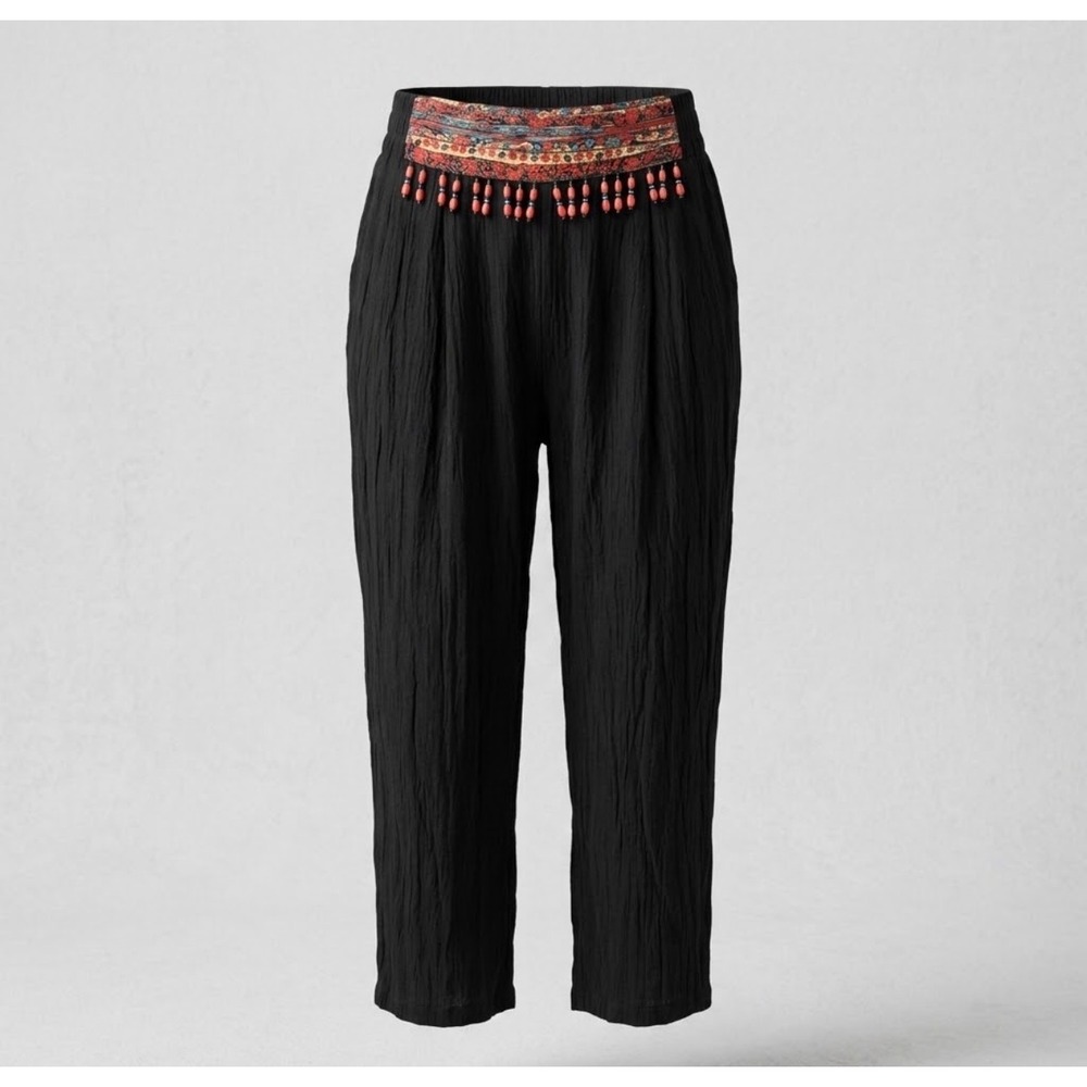 VTG 90s Carole Little Gauze Beaded Fringe Cropped Wide leg Capri Pants s14 Boho